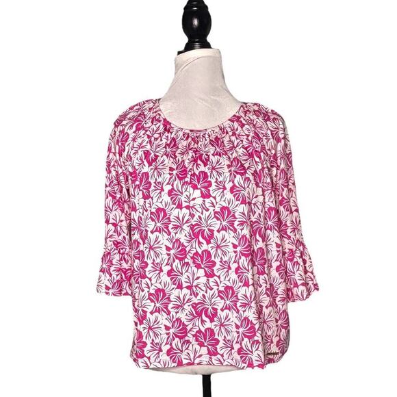 Michael Kors Scoop Neck Peasant Top Hawiian Floral Print Hot Pink White Medium - Picture 1 of 8